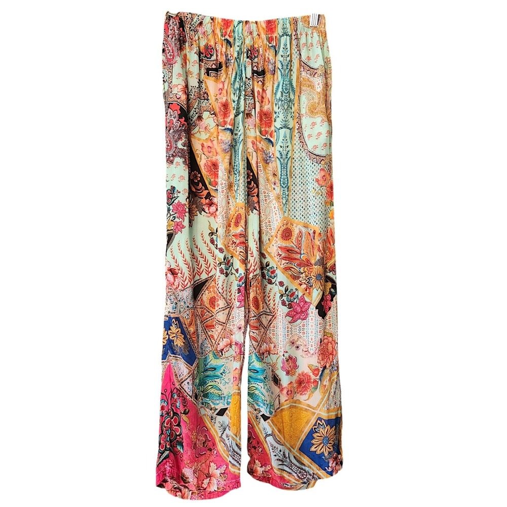 Shana Women's XS Viscose Silk Pants Scarf Print Patchwork Floral Sheer Pockets